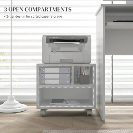 HOMCOM Three-Compartment Printer Cabinet, with Wheels - White