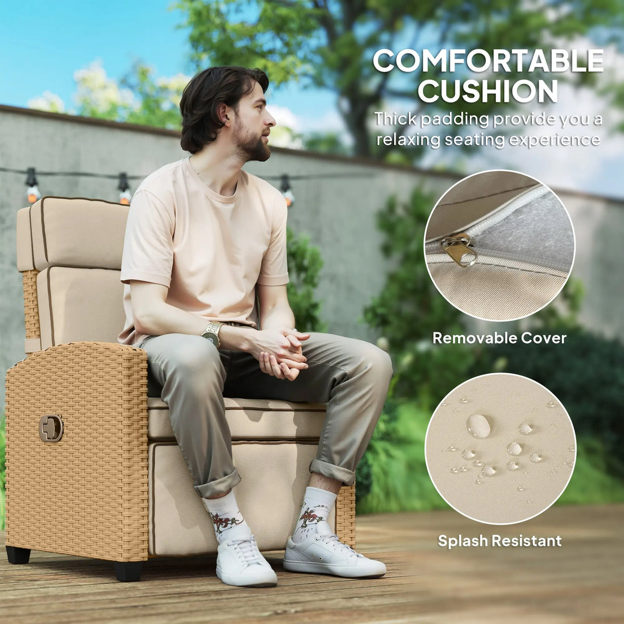 Outsunny 145 Reclining Rattan Armchair, with Footrest - Khaki/Beige