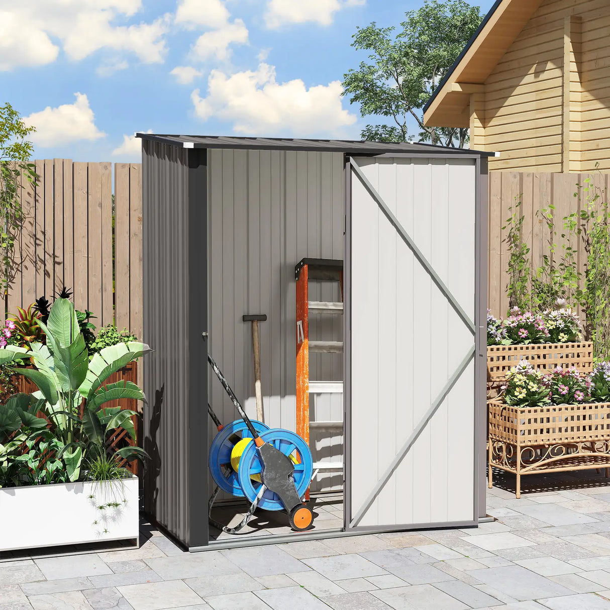 Outsunny 5.3 x 3.1ft Corrugated Steel Garden Shed - Light Grey