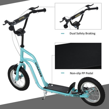 HOMCOM Stunt Scooter, Kids Scooter, 12'' Rubber Tyre Kick Scooter with Adjustable Handlebar, Dual Brakes, Blue