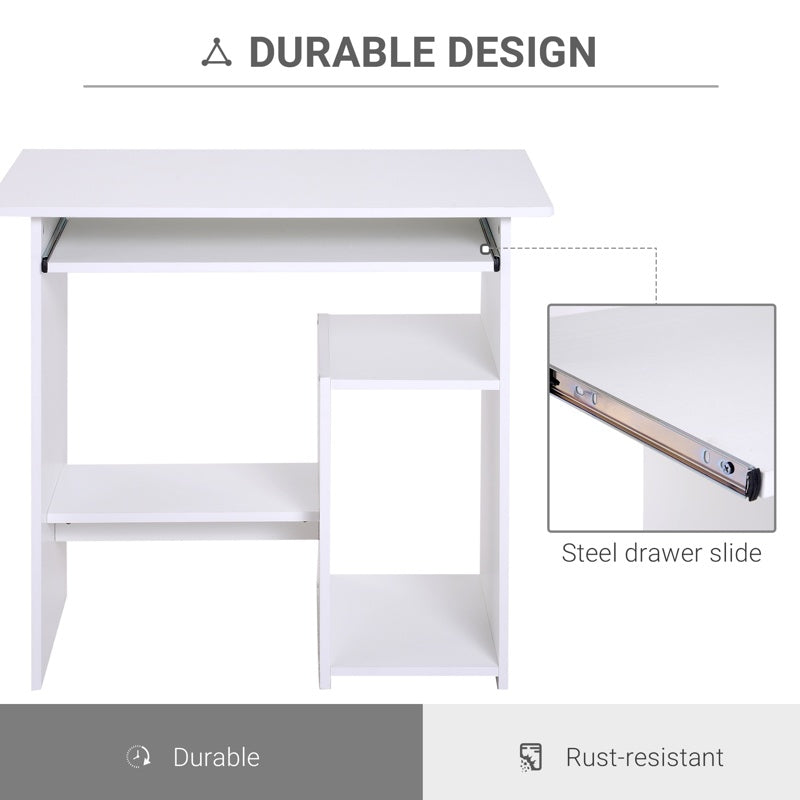 HOMCOM Compact Small Computer Table Wooden Desk Keyboard Tray Storage Shelf Modern Corner Table Home Office White