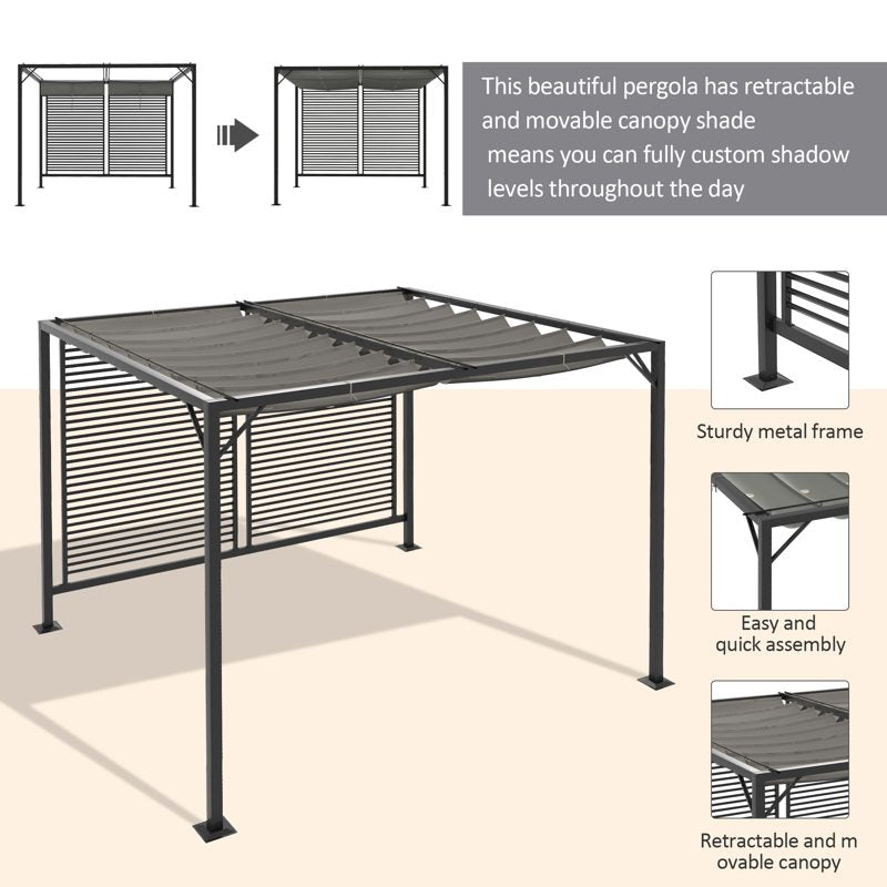 Outsunny 3 x 2.8m Metal Pergola, with Retractable Fabric Roof - Grey