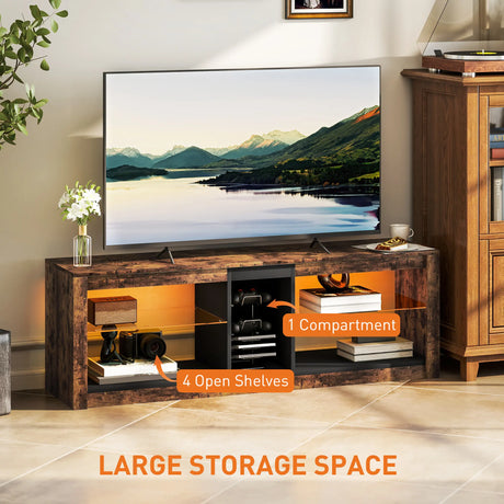 HOMCOM TV Stand Cabinet with LED Lights and Remote Control for TVs up to 65", Entertainment Centre with Storage Shelves and Compartment, Rustic Brown