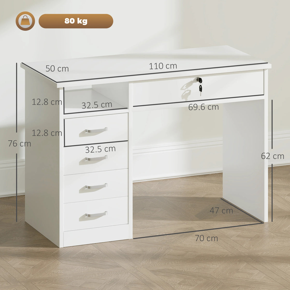 HOMCOM Computer Desk, Home Office Desk with Lockable Drawer, Storage Shelf for Study Bedroom, 110 x 50 x 76 cm, White