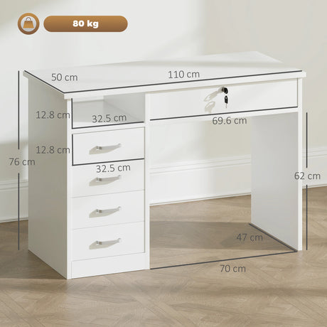 HOMCOM Computer Desk, Home Office Desk with Lockable Drawer, Storage Shelf for Study Bedroom, 110 x 50 x 76 cm, White