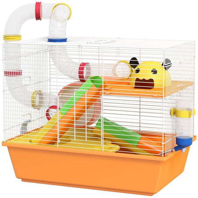 PawHut 3 Tiers Gerbil Cage, Hamster Cage with Tubes, Exercise Wheel, Ladder, Top Handle, 45 x 28 x 37cm - Orange