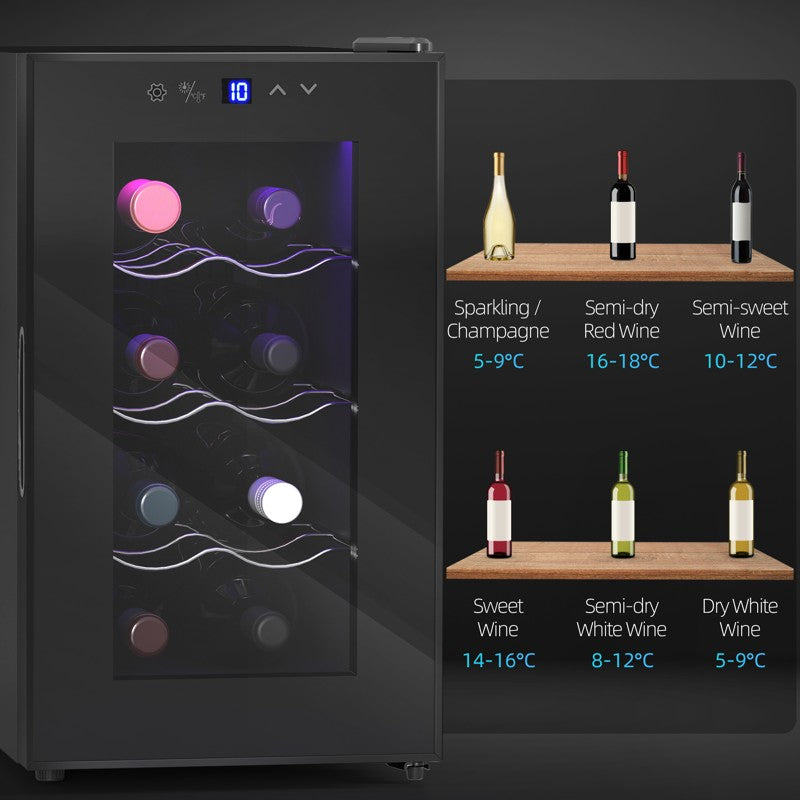 HOMCOM Mini Table Top Wine Fridge, 8 Bottle, 17L, 8-18, 26.5cm Quiet Under Counter Wine Cooler Fridge with Glass Door, LED Light, Digital Touch Screen, Temperature Control