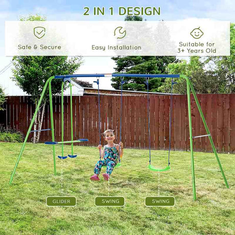 Outsunny Metal Garden Swing Set Height Adjustable Children Outdoor Backyard Play Set for Toddlers Over 3 Years Old, Green