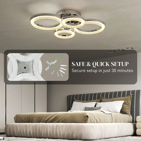 HOMCOM LED Ceiling Light, Modern 4 Rings Ceiling Lamp with Wall Switch Control, 40W 4350lm Flush Mount Ceiling Light with 3500K/4500K/6000K Colour Temperatures for Living Room, Bedroom, Silver Tone
