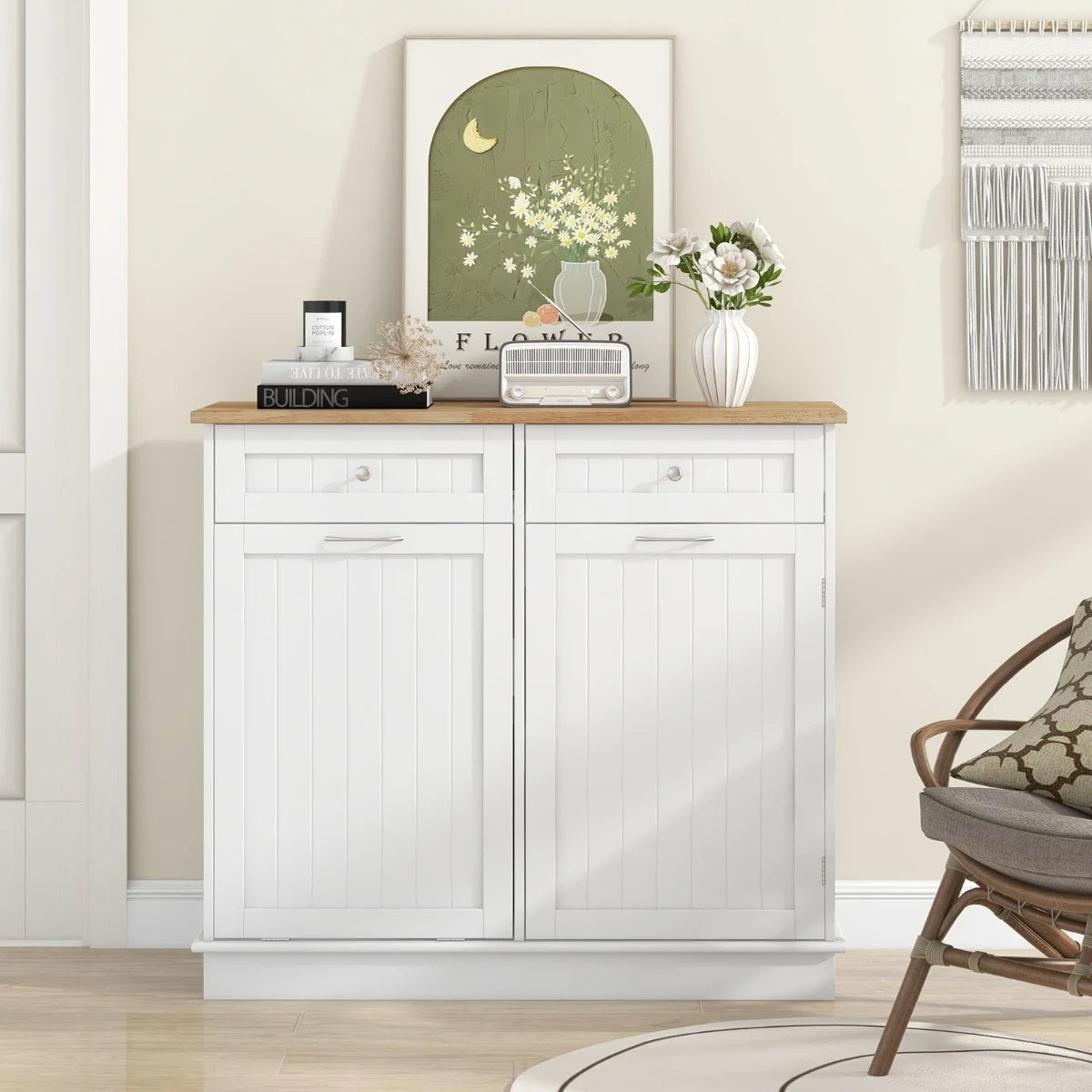 Kitchen Sideboard with Rubber Top 2 Drawers Adjustable Shelf and Cupboard to Accommodate 42 L Trash Can White