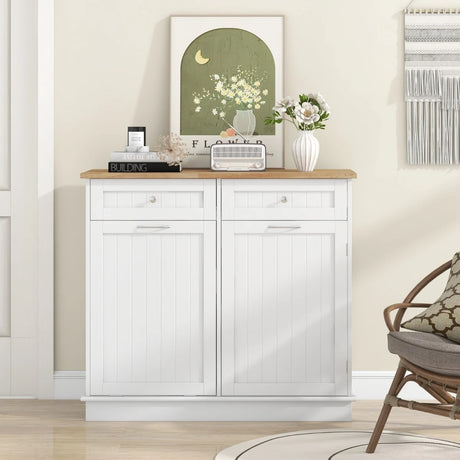 Kitchen Sideboard with Rubber Top 2 Drawers Adjustable Shelf and Cupboard to Accommodate 42 L Trash Can White