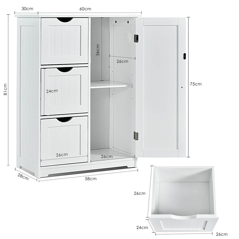 Bathroom Floor Cabinet Side Storage Cabinet with 3 Drawers and 1 Cupboard-White