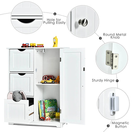 Bathroom Floor Cabinet Side Storage Cabinet with 3 Drawers and 1 Cupboard-White