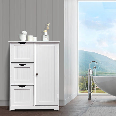 Bathroom Floor Cabinet Side Storage Cabinet with 3 Drawers and 1 Cupboard-White