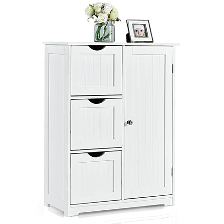 Bathroom Floor Cabinet Side Storage Cabinet with 3 Drawers and 1 Cupboard-White