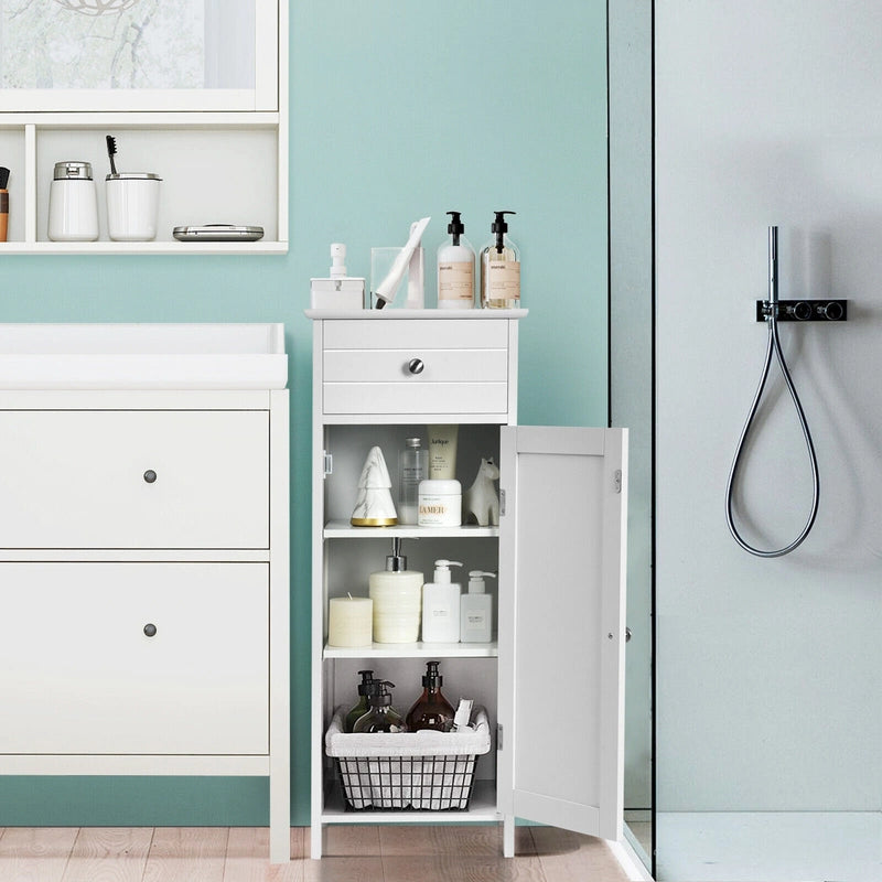 Floor Cabinet with Practical Drawer and 3-level Adjustable Shelves for Living Room/Bedroom-White