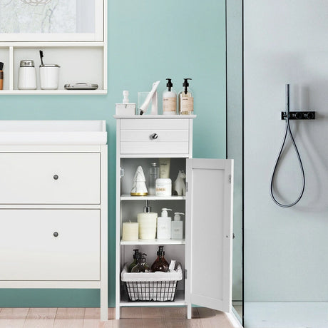 Floor Cabinet with Practical Drawer and 3-level Adjustable Shelves for Living Room/Bedroom-White