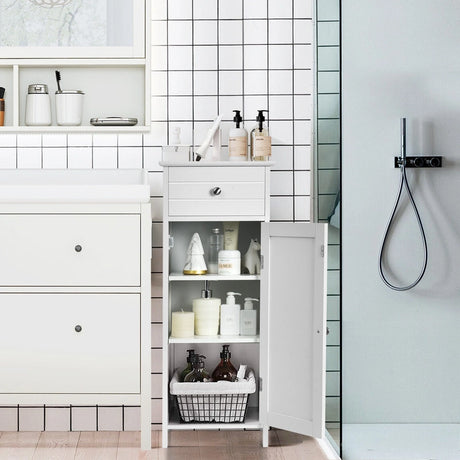 Floor Cabinet with Practical Drawer and 3-level Adjustable Shelves for Living Room/Bedroom-White