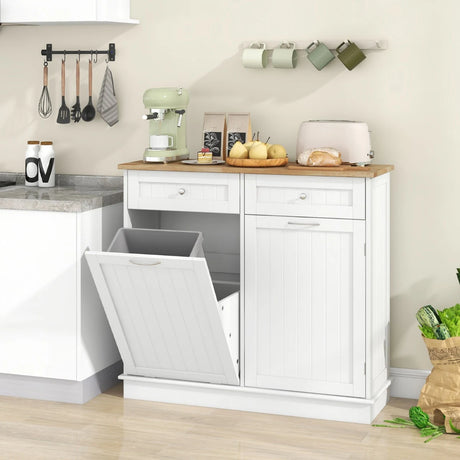 Kitchen Sideboard with Rubber Top 2 Drawers Adjustable Shelf and Cupboard to Accommodate 42 L Trash Can White