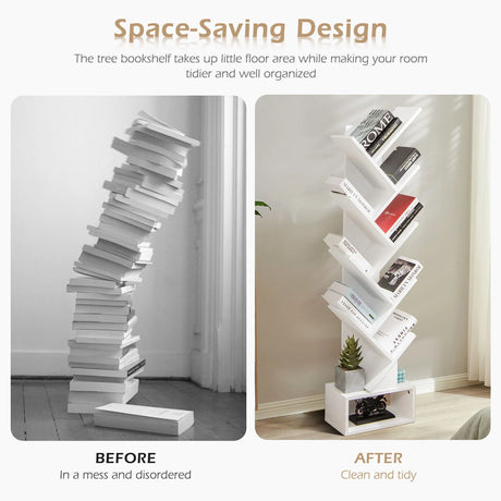 10-Tier Tree Bookcase with Drawer for Storage-White