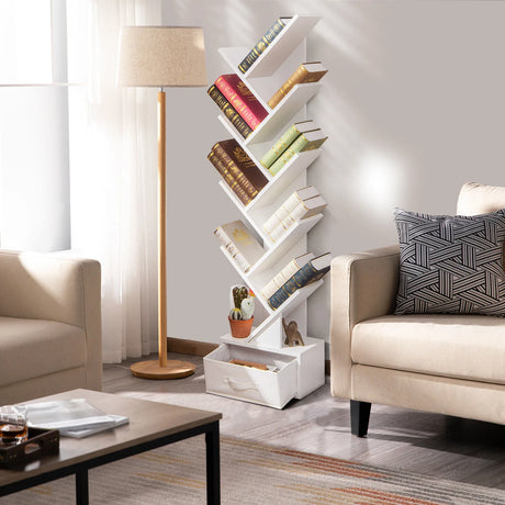 10-Tier Tree Bookcase with Drawer for Storage-White