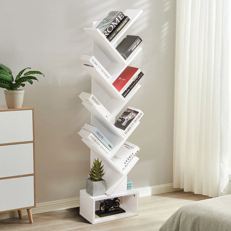 10-Tier Tree Bookcase with Drawer for Storage-White