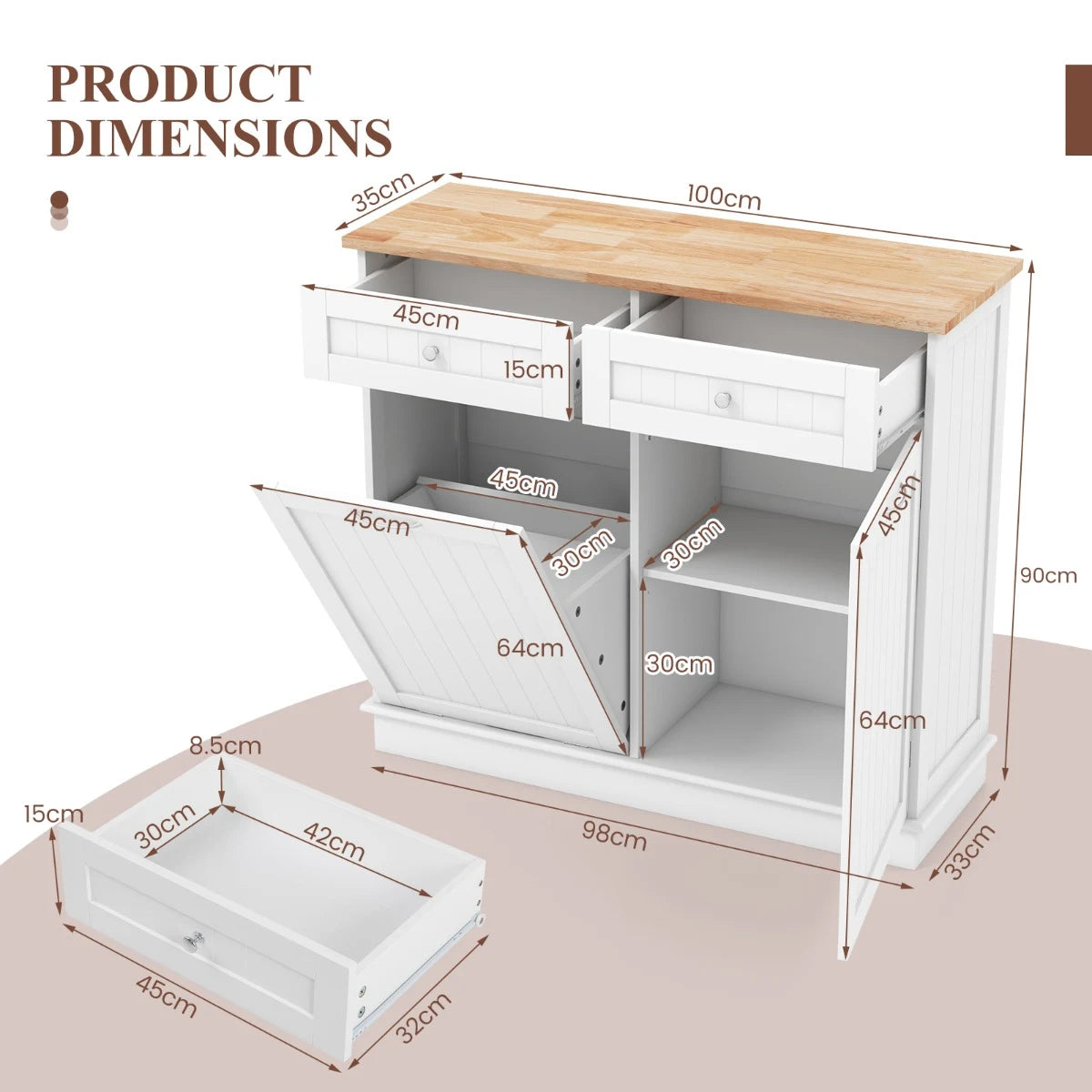 Kitchen Sideboard with Rubber Top 2 Drawers Adjustable Shelf and Cupboard to Accommodate 42 L Trash Can White