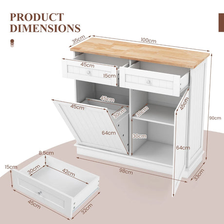 Kitchen Sideboard with Rubber Top 2 Drawers Adjustable Shelf and Cupboard to Accommodate 42 L Trash Can White