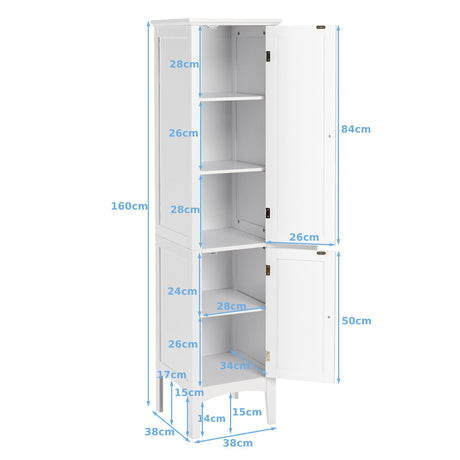 2-Door 160cm High Freestanding Bathroom Cabinet with 5-Tier Shelves-White