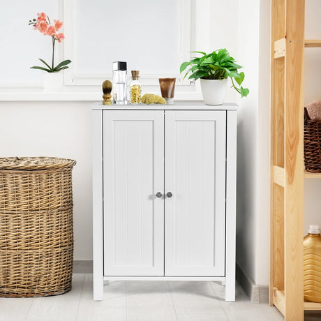 Bathroom Floor Storage Cabinet with Double Door &amp; Adjustable Shelf-White