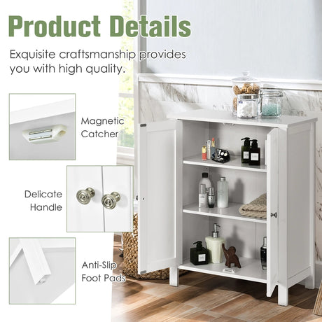 Bathroom Floor Storage Cabinet with Double Door &amp; Adjustable Shelf-White