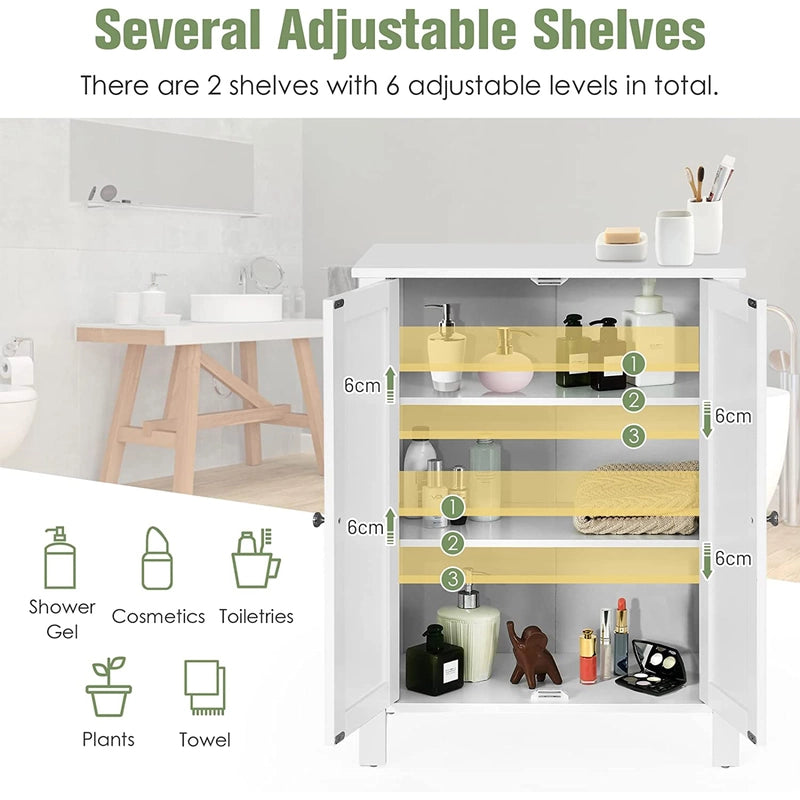 Bathroom Floor Storage Cabinet with Double Door &amp; Adjustable Shelf-White