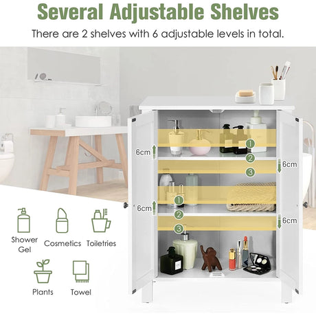 Bathroom Floor Storage Cabinet with Double Door &amp; Adjustable Shelf-White