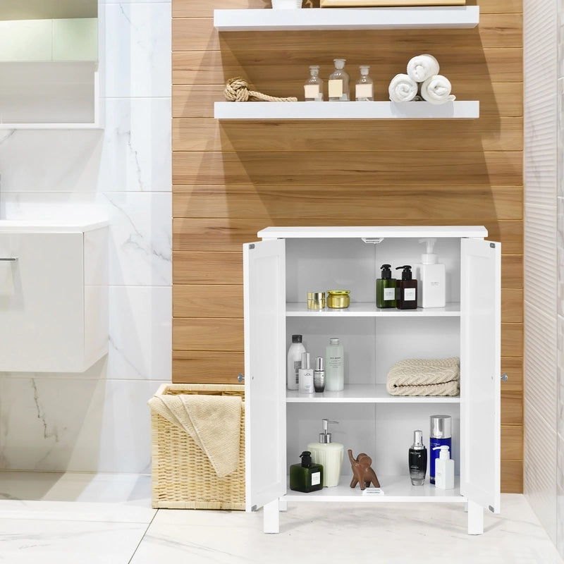 Bathroom Floor Storage Cabinet with Double Door &amp; Adjustable Shelf-White