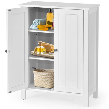 Bathroom Floor Storage Cabinet with Double Door &amp; Adjustable Shelf-White