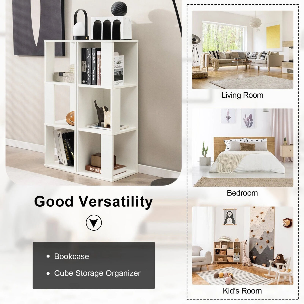Freestanding 3-tier Bookshelf with 6 Compartments for Living Room/Bedroom-White