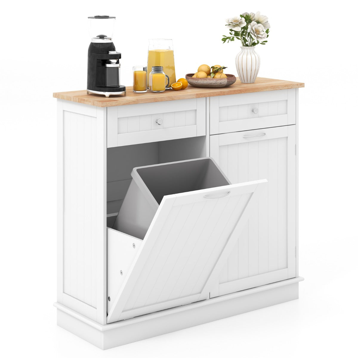 Kitchen Sideboard with Rubber Top 2 Drawers Adjustable Shelf and Cupboard to Accommodate 42 L Trash Can White
