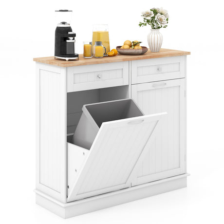 Kitchen Sideboard with Rubber Top 2 Drawers Adjustable Shelf and Cupboard to Accommodate 42 L Trash Can White