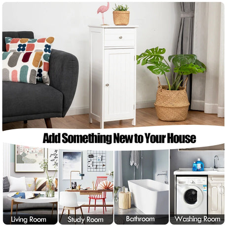 Wooden Bathroom Floor Storage Cabinet with Drawer and Shelf