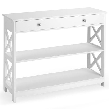 Console Table 3-Tier with Drawer and Storage Shelves-White
