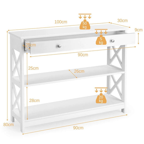 Console Table 3-Tier with Drawer and Storage Shelves-White