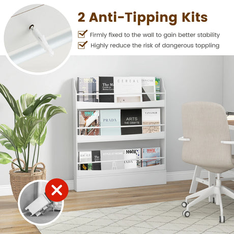 3-Tier Kids Bookcase with 2 Anti-Tipping Kits & Guardrails