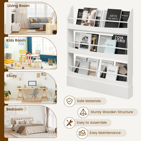 3-Tier Kids Bookcase with 2 Anti-Tipping Kits & Guardrails