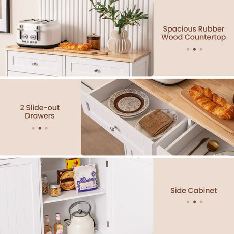 Kitchen Sideboard with Rubber Top 2 Drawers Adjustable Shelf and Cupboard to Accommodate 42 L Trash Can White