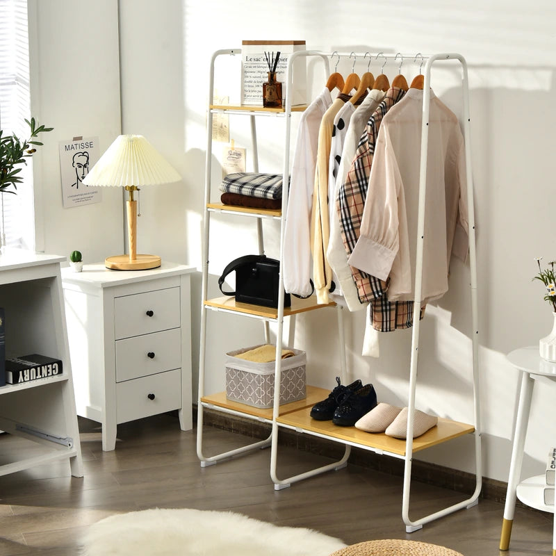 Free-Standing Garment Clothing Rack with 5-Tier Wood Shelves-White
