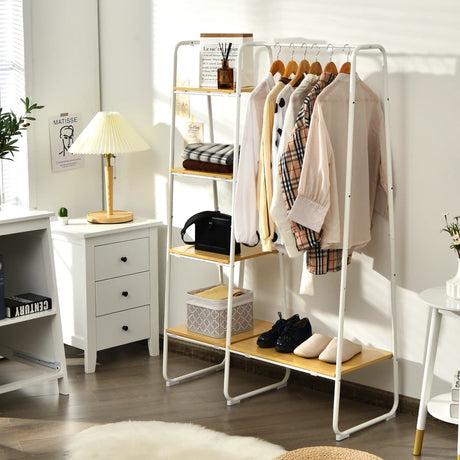 Free-Standing Garment Clothing Rack with 5-Tier Wood Shelves-White
