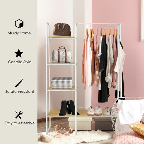 Free-Standing Garment Clothing Rack with 5-Tier Wood Shelves-White