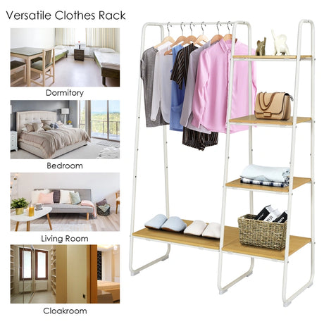 Free-Standing Garment Clothing Rack with 5-Tier Wood Shelves-White