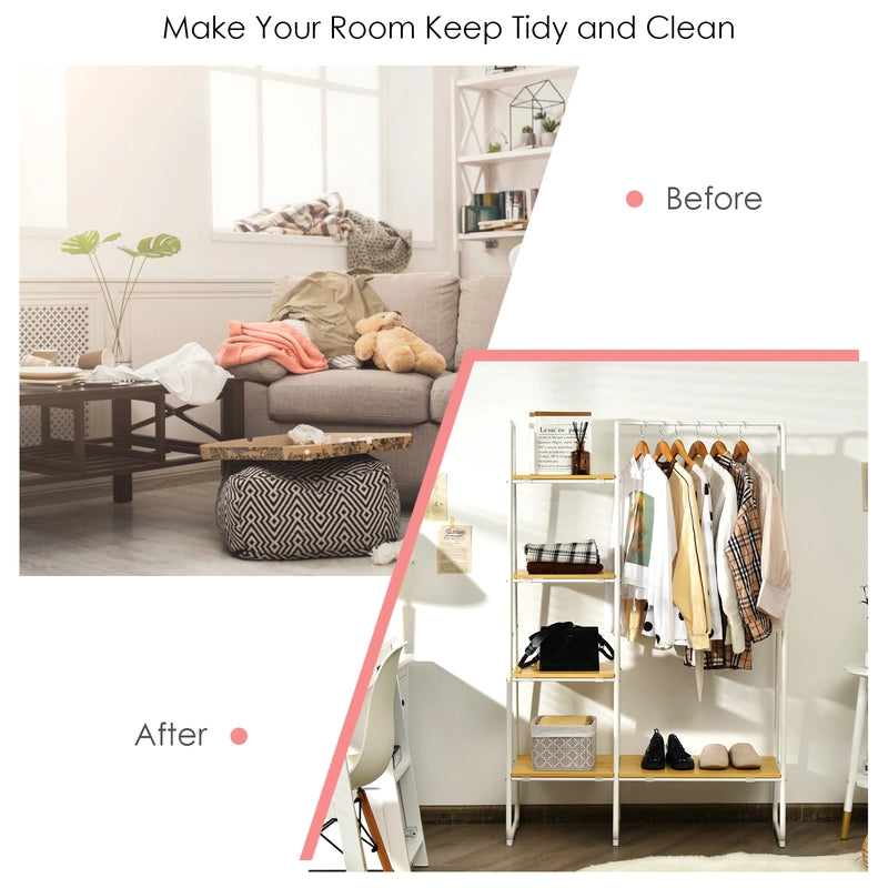Free-Standing Garment Clothing Rack with 5-Tier Wood Shelves-White