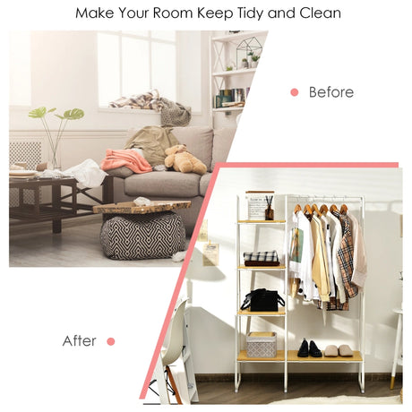 Free-Standing Garment Clothing Rack with 5-Tier Wood Shelves-White